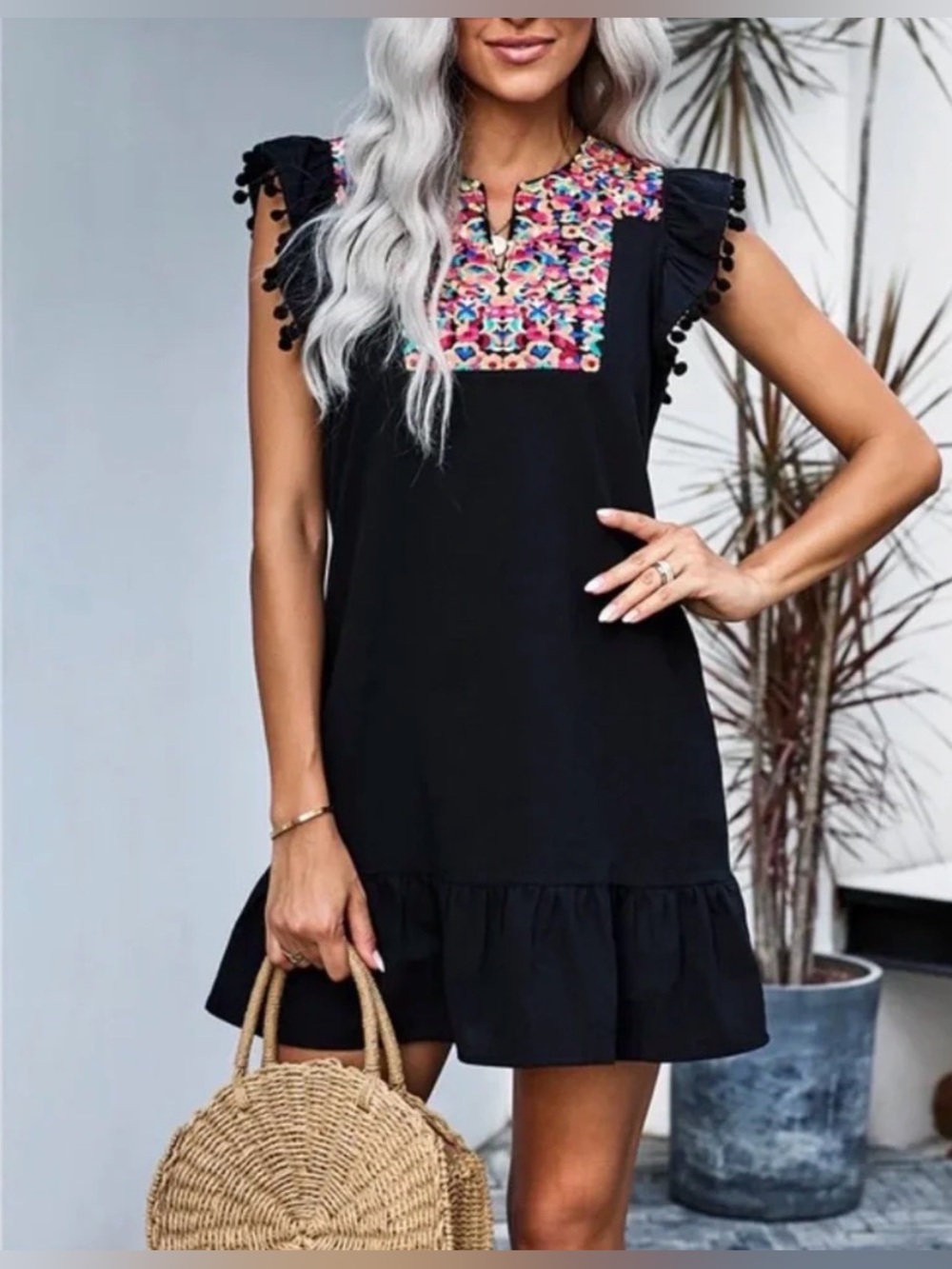 KIRUNDO Black Multicolor Embroidered Pom Pom Ruffle Mini Dress Size S